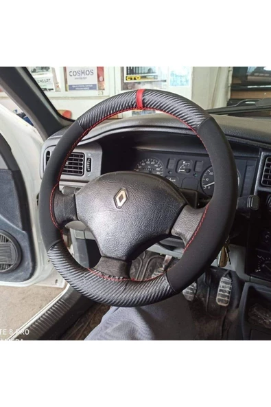 DİKİŞLİ DERİ DİREKSİYON KILIFI KARBON NUBUK KIRMIZI YÜZÜK KIRMIZI RENAULT DİKİŞ - 1