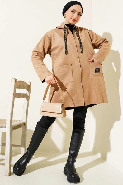 Fermuarlı Cepli Süet Kap Camel - Resim 2