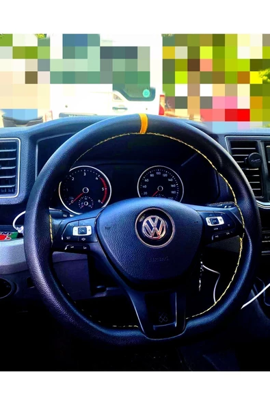 DİKİŞLİ DERİ DİREKSİYON KILIF SİYAH DERİ SARI YÜZÜKLÜ SARI DİKİŞLİ VOLKSWAGEN İÇİN ürün görseli