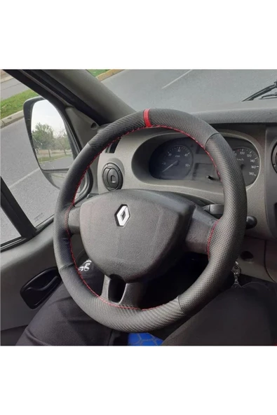 DİKİŞLİ DİREKSİYON KILIFI NOKTALI/KARBON/KIRMIZI YÜZÜK / DİKİŞ RENAULT MASTER İÇİN ürün görseli