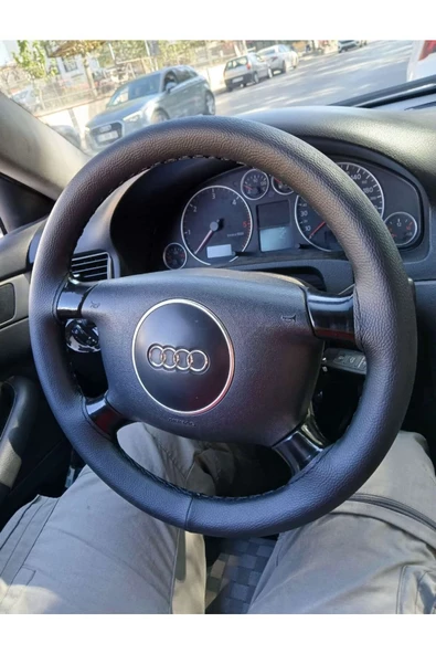 DİKİŞLİ DİREKSİYON KILIFI DAMARLI SİYAH DERİ SİYAH DİKİŞLİ AUDİ A6 İÇİN - Resim 2