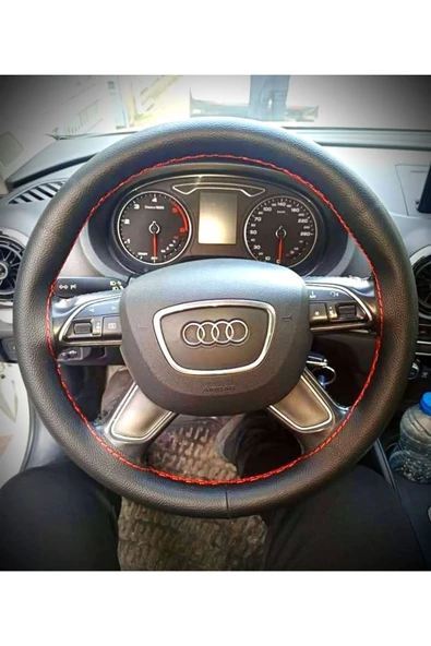 DİKİŞLİ DİREKSİYON KILIFI DAMARLI DERİ KIRMIZI DİKİŞLİ AUDİ A4 İÇİN ürün görseli