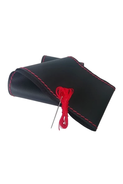 Dikişli deri direksiyon kılıfı damarlı deri, kırmızı dikişli - Resim 2