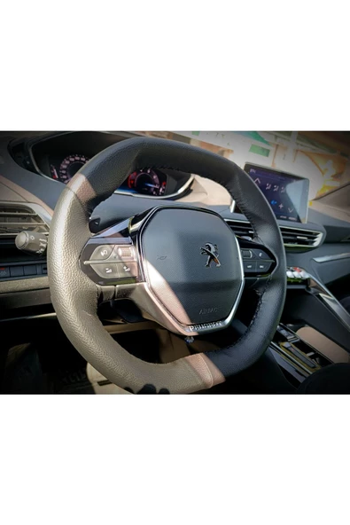 DİKİŞLİ DERİ DİREKSİYON KILIFI DAMARLI SİYAH DERİ SİYAH DİKİŞLİ PEUGEOT 3008 İÇİN - Resim 2