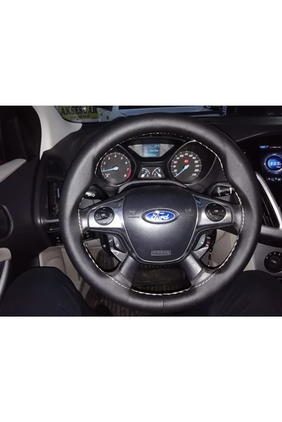 DİKİŞLİ DERİ DİREKSİYON KILIFI SİYAH DAMARLI DERİ GRİ DİKİŞ FORD FOCUS ürün görseli