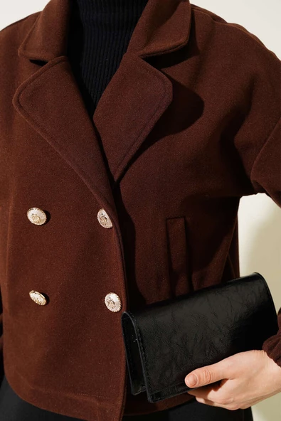 Dört Düğmeli Kısa Kaşe Kaban Kahve - 4