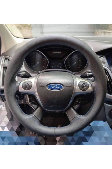 DİKİŞLİ DERİ DİREKSİYON KILIFI DAMARLI SİYAH DERİ MAVİ DİKİŞLİ FORD FOCUS İÇİN ürün görseli
