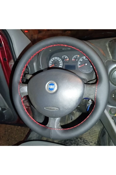 DİKİŞLİ DİREKSİYON KILIFI SİYAH DERİ KIRMIZI DİKİŞLİ FIAT DOBLO İÇİN - Resim 3