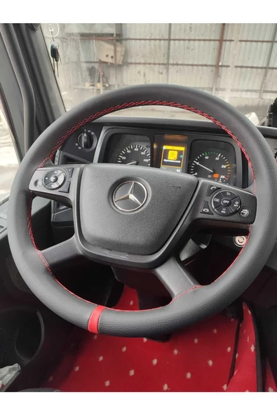 DİKİŞLİ DİREKSİYON KILIFI SİYAH DERİ KIRMIZI YÜZÜK KIRMIZI DİKİŞLİ MERCEDES TIR KAMYON İÇİN - Resim 2