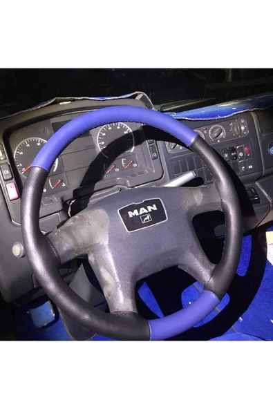 DİKİŞLİ DİREKSİYON KILIFI MAVİ/SİYAH DERİ SİYAH DİKİŞLİ MAN TIR KAMYON İÇİN ürün görseli