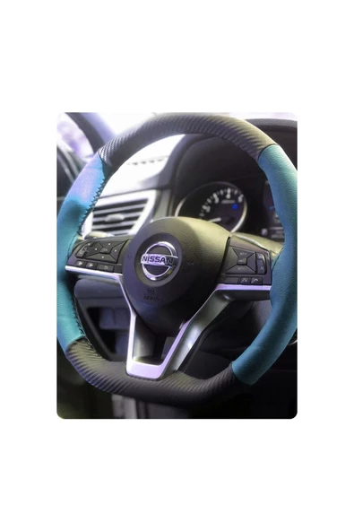 DİKİŞLİ DİREKSİYON KILIFI KARBON AÇIK MAVİ DERİ SİYAH DİKİŞLİ NİSSAN QASHQAİ İÇİN ürün görseli