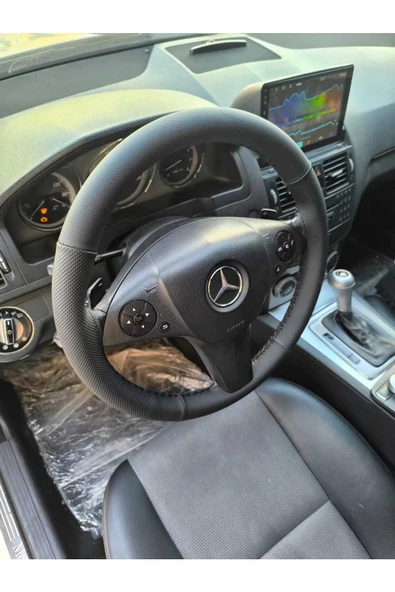 DİKİŞLİ DİREKSİYON KILIFI İTHAL SİYAH DERİ NOKTALI DERİ SİYAH DİKİŞLİ MERCEDES C180 İÇİN - 3