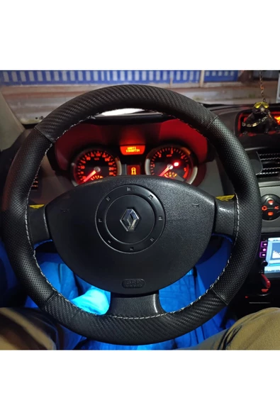 DİKİŞLİ DİREKSİYON KILIFI NOKTALI KARBON DERİ GRİ DİKİŞLİ MEGANE 2 İÇİN ürün görseli