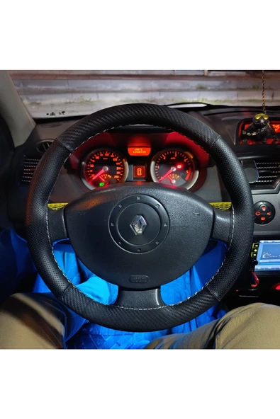 DİKİŞLİ DİREKSİYON KILIFI NOKTALI KARBON DERİ GRİ DİKİŞLİ MEGANE 2 İÇİN - Resim 3