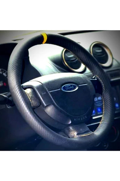DİKİŞLİ DİREKSİYON KILIFI KARBON DERİ SARI YÜZÜK SARI DİKİŞLİ FORD FİESTA İÇİN ürün görseli