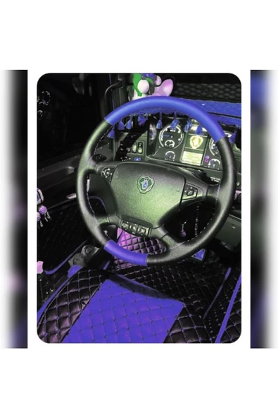 DİKİŞLİ DİREKSİYON KILIFI MAVİ SİYAH DERİ SİYAH DİKİŞLİ SCANİA TIR KAMYON İÇİN ürün görseli