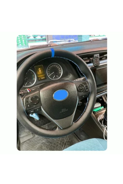 DİKİŞLİ DİREKSİYON KILIFI SİYAH DERİ MAVİ YÜZÜK/DİKİŞLİ TOYOTA COROLLA İÇİN ürün görseli