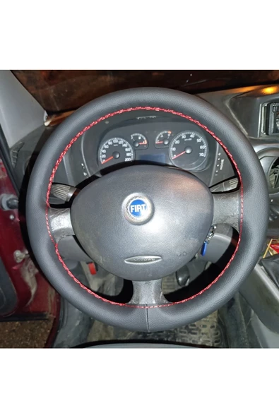 DİKİŞLİ DİREKSİYON KILIFI SİYAH DERİ KIRMIZI DİKİŞLİ FIAT DOBLO İÇİN - Resim 2