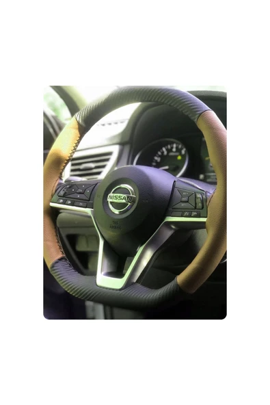 DİKİŞLİ DİREKSİYON KILIFI KARBON TABA DERİ SİYAH DİKİŞLİ NİSSAN QASHQAİ İÇİN ürün görseli