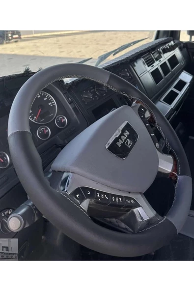 DİKİŞLİ DİREKSİYON KILIFI SİYAH/GRİ DERİ SİYAH DİKİŞLİ MAN TIR KAMYON İÇİN ürün görseli