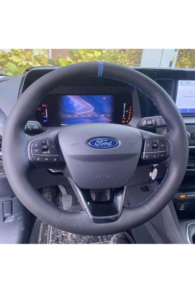DİKİŞLİ DİREKSİYON KILIFI SİYAH DERİ MAVİ YÜZÜKLÜ FORD FOCUS ürün görseli