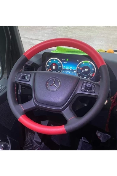 DİKİŞLİ DİREKSİYON KILIFI SİYAH KIRMIZI DERİ KIRMIZI DİKİŞLİ MERCEDES TIR KAMYON İÇİN ürün görseli
