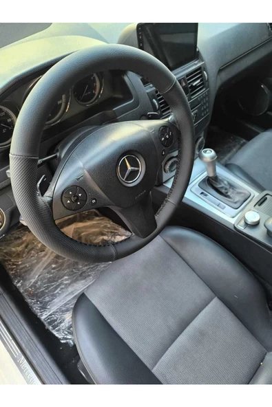 DİKİŞLİ DİREKSİYON KILIFI İTHAL SİYAH DERİ NOKTALI DERİ SİYAH DİKİŞLİ MERCEDES C180 İÇİN - 2