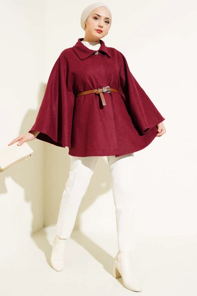 Gömlek Yaka Kemerli Kaşe Panço Bordo - 2