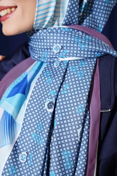 Çiçekli Geometri Desen Medine İpeği Şal Mürdüm - Resim 4