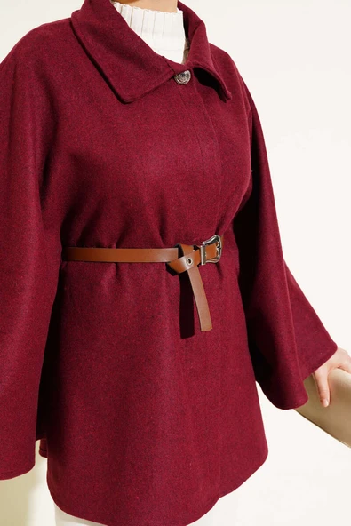 Gömlek Yaka Kemerli Kaşe Panço Bordo - 4