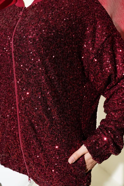 Pul Payet Fermuarlı Ceket Bordo - Resim 4