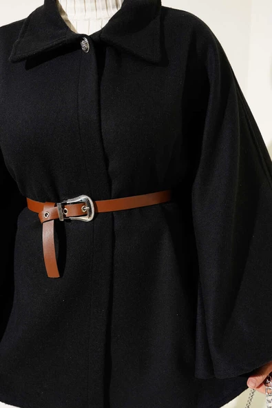 Gömlek Yaka Kemerli Kaşe Panço Siyah - 4