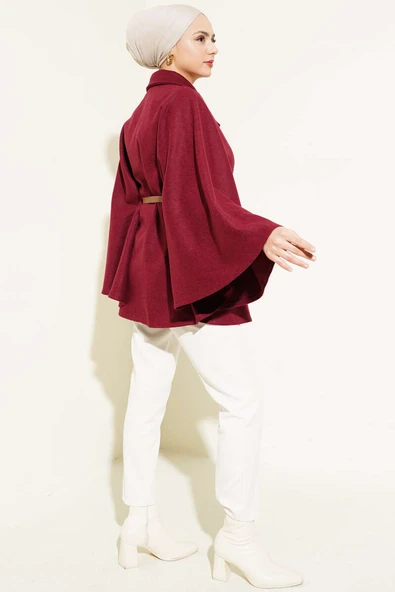 Gömlek Yaka Kemerli Kaşe Panço Bordo - 3