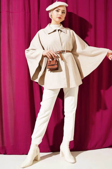 Gömlek Yaka Kemerli Kaşe Panço Bej - Resim 2