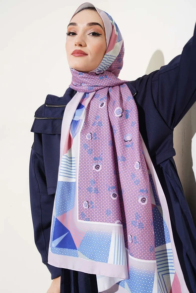 Çiçekli Geometri Desen Medine İpeği Şal Pudra - Resim 2