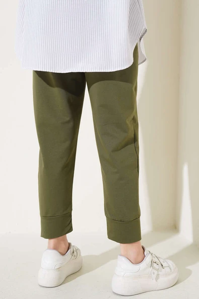 Bel Lastikli Dar Paça Basic Pantolon Haki - Resim 3