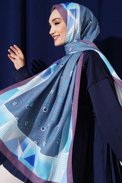 Çiçekli Geometri Desen Medine İpeği Şal Mürdüm ürün görseli 1