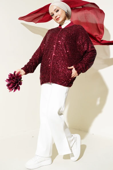 Pul Payet Fermuarlı Ceket Bordo - Resim 2