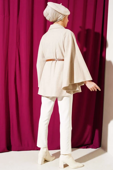 Gömlek Yaka Kemerli Kaşe Panço Bej - Resim 3