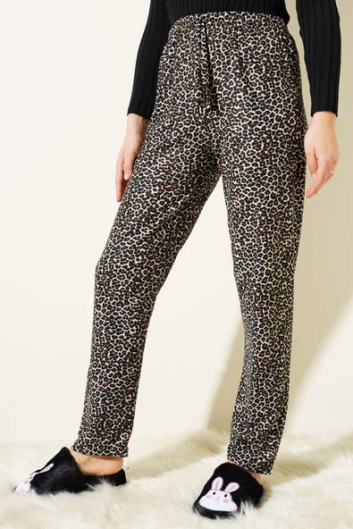 Desenli Süet Pijama Altı Leopar Ekru - Resim 2