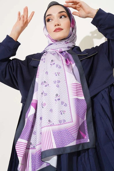 Çiçekli Geometri Desen Medine İpeği Şal Menekşe - Resim 2