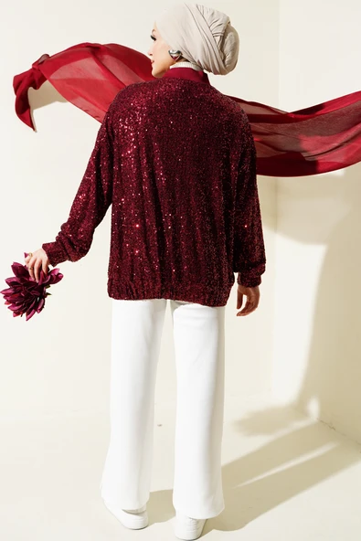 Pul Payet Fermuarlı Ceket Bordo - Resim 3