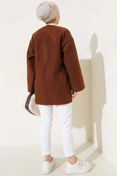 Önü Kurdeleli Buklet Ceket Kahve - Resim 3