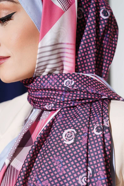 Çiçekli Geometri Desen Medine İpeği Şal Gül Kurusu - Resim 4