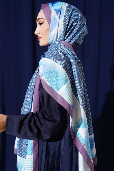 Çiçekli Geometri Desen Medine İpeği Şal Mürdüm - Resim 3