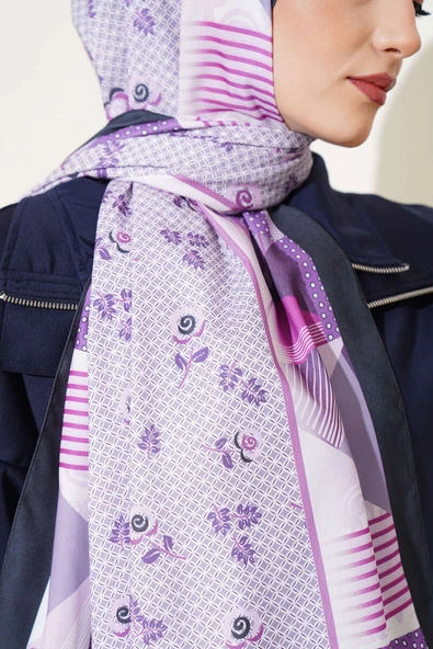 Çiçekli Geometri Desen Medine İpeği Şal Menekşe - Resim 4