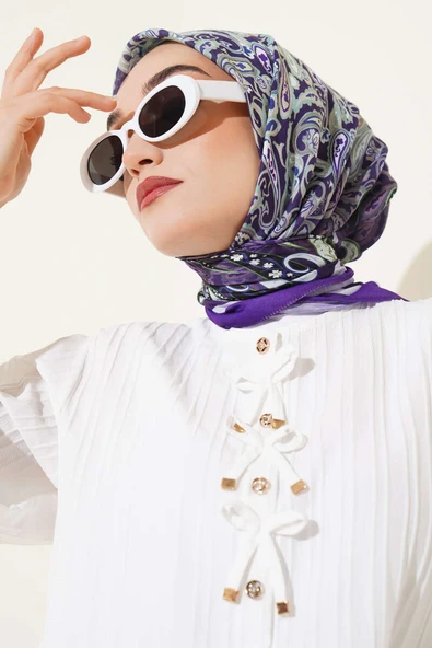 Paisley Desenli Soft Pamuk Eşarp Mor - Resim 2