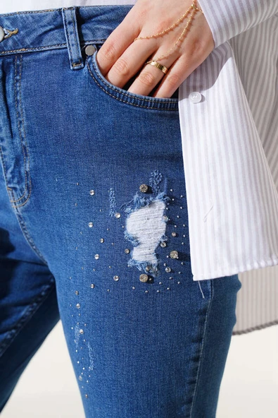 Yırtık Detaylı Taşlı Dar Paça Kot Pantolon Kot - 4