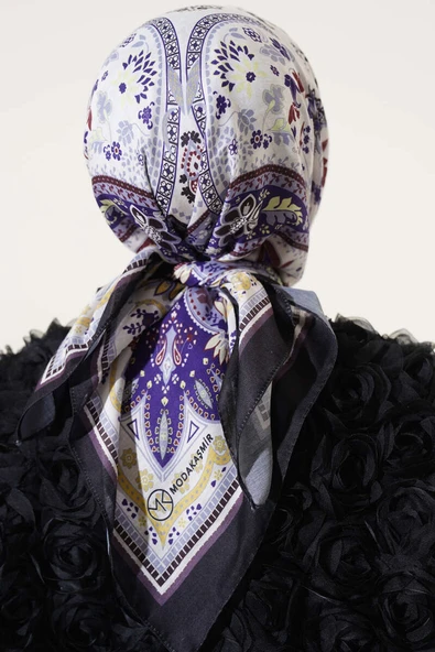 Etnik Çiçekli Soft Eşarp Siyah Mor - Resim 3