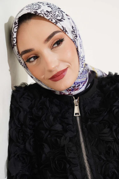Etnik Çiçekli Soft Eşarp Siyah Mor - Resim 2